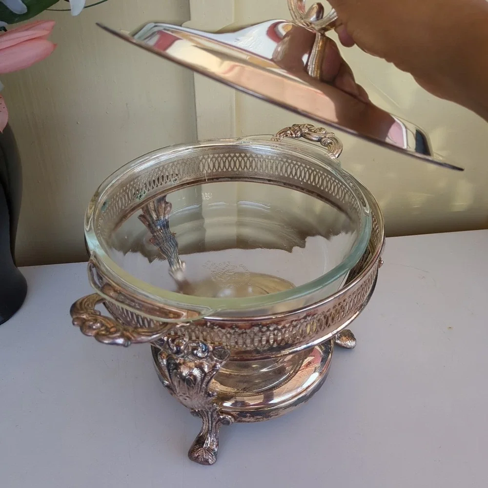 Vintage Silver Plated Leonard Food Warmer w/ Lid, Glass Bowl Insert #5516